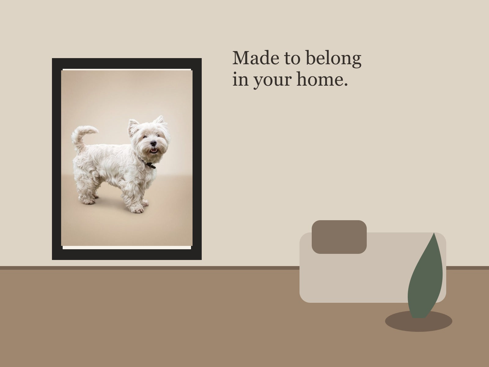 Pet portrait displayed in a warm living room interior