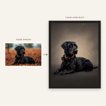 Before and after: original photo of a black dog and its Animelier portrait