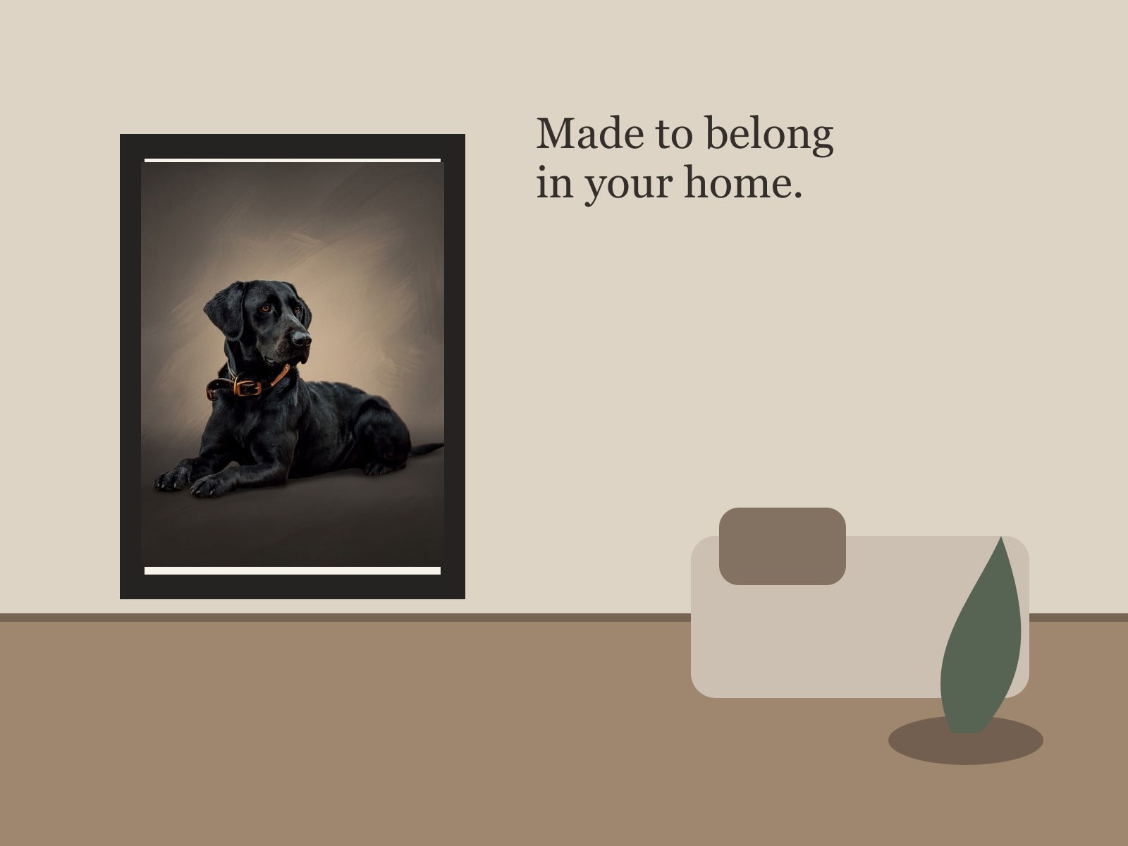 Pet portrait displayed in a quiet hallway interior